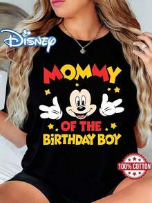 T-shirt en coton décontracté pour femmes avec motif Disney Mickey Mouse "Maman de l'anniversaire". Parfait pour le printemps et l'été, idéal pour les festivals et les cadeaux d'anniversaire - Noir - Voir 1