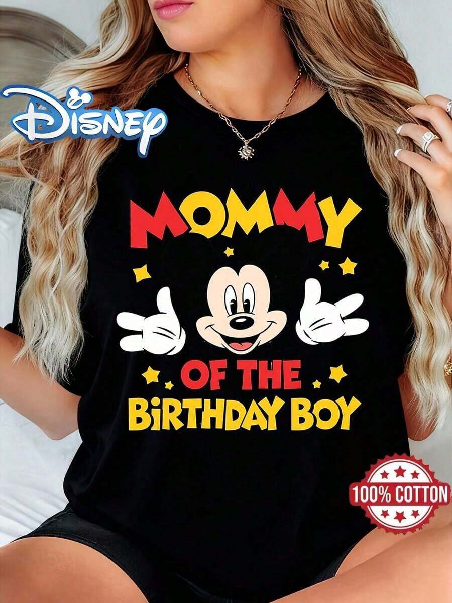 T-shirt en coton décontracté pour femmes avec motif Disney Mickey Mouse "Maman de l'anniversaire". Parfait pour le printemps et l'été, idéal pour les festivals et les cadeaux d'anniversaire - Noir - Voir 1
