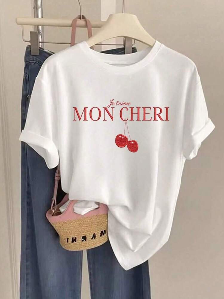 Women's Casual White Crew Neck T-Shirt With Cherry Print 'Mon Cheri', Short Sleeve Drop Shoulder, Medium Stretch Knit Fabric For Everyday Style, A Sweet Gift For Mom ODQM - 白色 - 查看 2