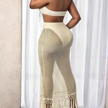 BamGlam Women's Sexy Hollow Out Fishnet Design Strapless Vacation/Date Dress - Beis - Ver 3