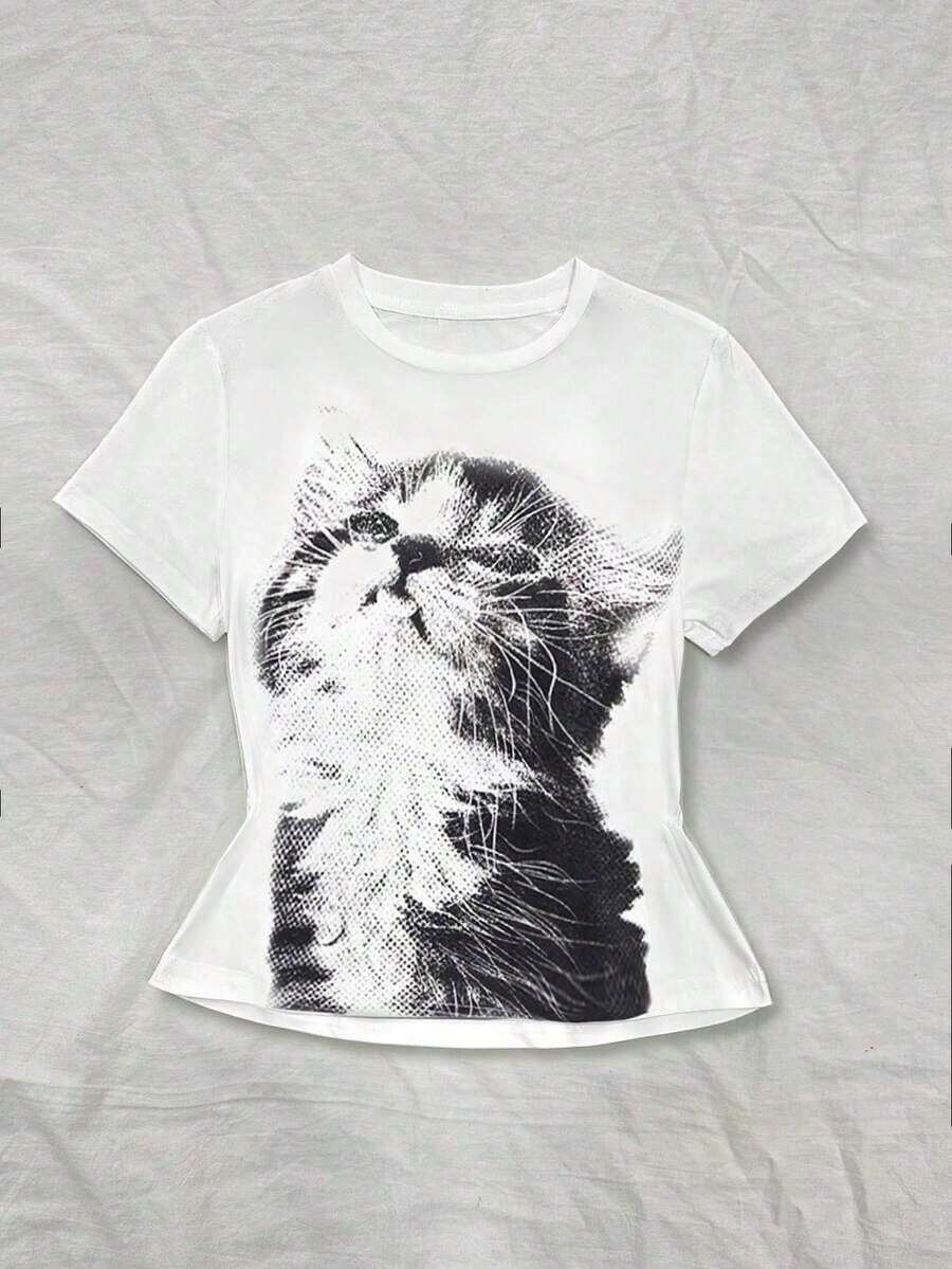 woman Todo tipo de impresiones, chaqueta, camiseta de cuello redondo, casual, para oficina, para viajar, muy popular, viento deportivo, estampado/patrón, camiseta de algodón 100%, camiseta casual, cómoda, suave, transpirable The latest popular bestseller Camiseta casual de manga corta con cuello redondo y estampado de gato para mujer, para verano - Blanco - Ver 1