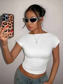 Camiseta casual de mujer de cuello de pico, manga corta y ajustada, versátil - Blanco - Ver 1