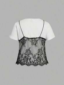 Camiseta corta de manga corta de talla grande de 2 en 1 con cuello redondo y contraste de encaje, para el verano - Blanco y Negro - Ver 2