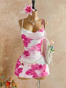 Vestido de tirantes con cuello drapeado con diseño de flores rojas en acuarela para vacaciones de verano - Multicolor - Ver 7