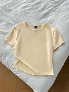 4 piezas Conjunto de camisetas de mujer de cuello redondo de manga corta ajustadas, aptas para el verano y para salir, en negro, blanco, marrón y amarillo crema, 95% algodón, estilo vintage, blusas de verano lindas, estilo softgirl, artículos para salidas de verano, para el hogar, vuelta al colegio, ropa de mujer para otoño, versátil, tops cortos para club y fiesta, paquete de 4 tops cortos básicos de mujer, tops cortos ajustados - Multicolor - Ver 4