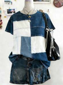 Camiseta casual de mujer con cuello redondo y mangas cortas, con efecto desgastado, versátil para uso diario - Multicolor 2 - Ver 3