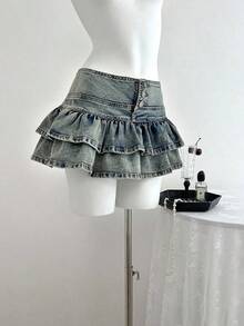 Falda de mezclilla de moda para mujer con diseño de cintura con botones y dobladillo con doble volante - Azul - Ver 6