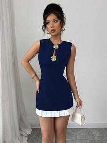 Raffinéa Vestido con hebilla de metal hueca y ribete de volantes para mujer - Azul marino - Ver 7