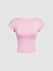 Camiseta casual de mujer de cuello de pico, manga corta y ajustada, versátil - Rosa - Ver 4