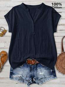 Camisa negra minimalista y casual para mujer, adecuada para el verano - Azul marino - Ver 8