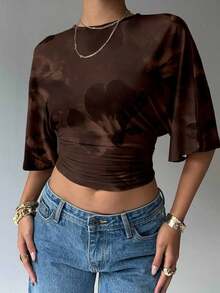 Blusa de verano para mujer con diseño de manga murciélago, cuello redondo, fruncido y estampado floral de tinte de agua en tonos cálidos, ideal para playa/vacaciones, un look casual, minimalista y elegante - Marrón - Ver 9
