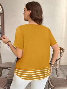 Camiseta casual de talla grande con bolsillo y rayas de contraste, prenda de vestir occidental estilo boho bohemio, top de festival de los 90, verano y primavera - Amarillo - Ver 2