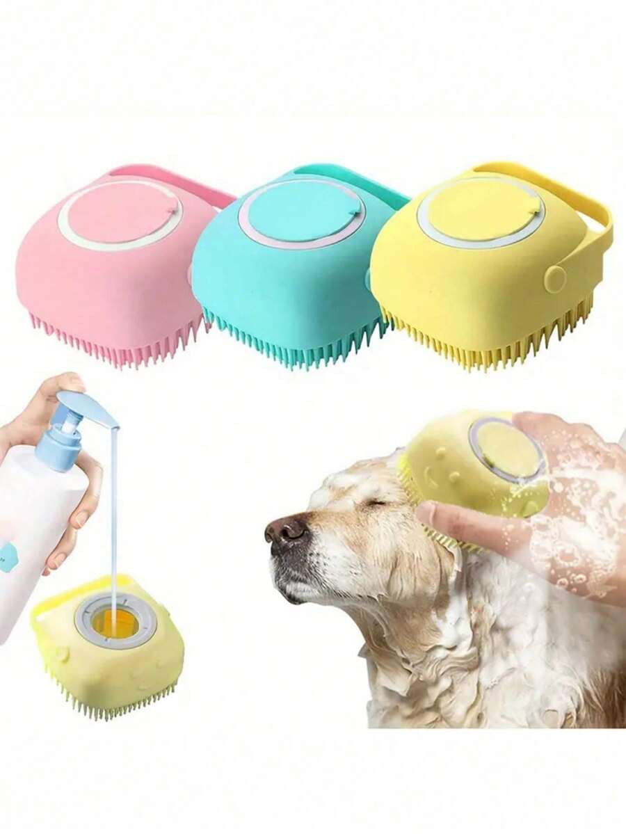 Bộ 1/3 bàn chải tắm và massage cho thú cưng kèm bình đựng xà phòng, bằng silicon, có thể treo, bàn chải tắm cho chó mèo, bàn chải gội đầu cho chó, bàn chải làm sạch răng, bàn chải massage tẩy tế bào chết, đồ dùng cho thú cưng.