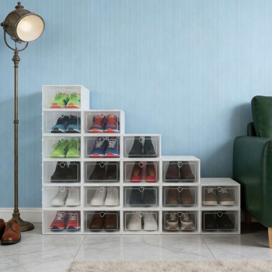 20Pcs White PP Stackable Shoe Boxes, Shoe Storage Containers, Side Flap Shoe Organizers, Shoe Storage Bins For Home Office Closet - trắng - Xem 1