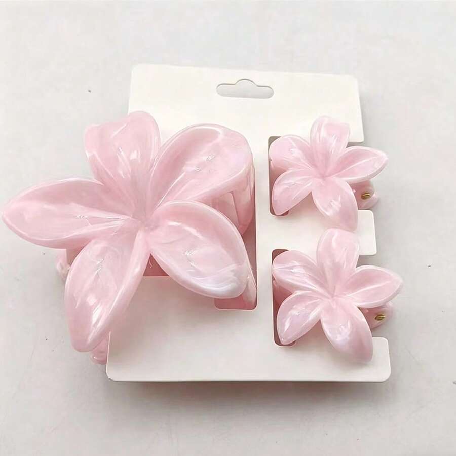3pcs/Set Boho Style Girls' Pink Ombre Marble Pattern Flower Hair Clips, Beach Vacation Hair Accessories Vacay Beach Claw Clips - Marble Pink - View 1