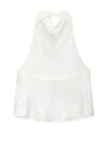 Camiseta sin espalda de satén negro para mujer, Camiseta de tirantes para playa de verano para mujer, Camiseta de tirantes finos con hombros descubiertos de color rosa para mujer - Blanco - Ver 4