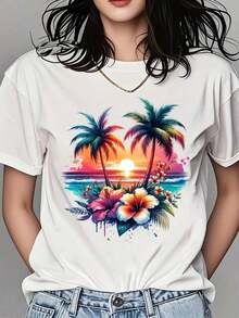 1 Piece Women's Round Neck T-Shirt With Tropical Sunset Palm Tree And Hibiscus Flower Print, Short Sleeve, Casual Summer Beach Vacation Clothes, 180g 100% Cotton - 白色 - 查看 1