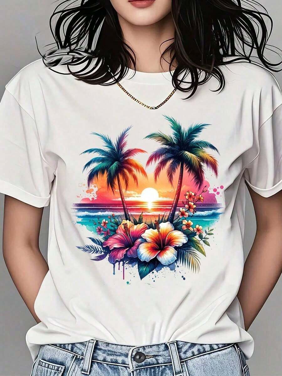 1 Piece Women's Round Neck T-Shirt With Tropical Sunset Palm Tree And Hibiscus Flower Print, Short Sleeve, Casual Summer Beach Vacation Clothes, 180g 100% Cotton - 白色 - 查看 1