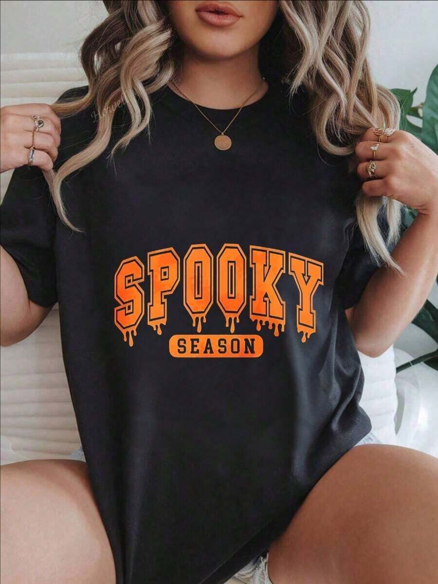 Camiseta Casual de Manga Corta para Mujer - Diseño de Fuente Naranja con Efecto Goteante para la Temporada de Halloween, Cuello Redondo, Top de Verano, Lavable a Máquina, Camisetas para Damas, Ropa Casual, Estilo Moderno, Ajuste Cómodo
Negro - Negro - Ver 1