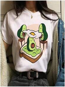 playeras de algodón mujer 1pscCamiseta vegana de aguacate para mujer Maycaur, camiseta estilo Harajuku Ulzzang con lindos dibujos animados, camiseta de manga corta con estampado retro de los 90, ropa de verano. playera de mujer,tops de mujer,boho chic,camiseta para mujer100%cotton ropa de mujer Daily home top - Blanco - Ver 1