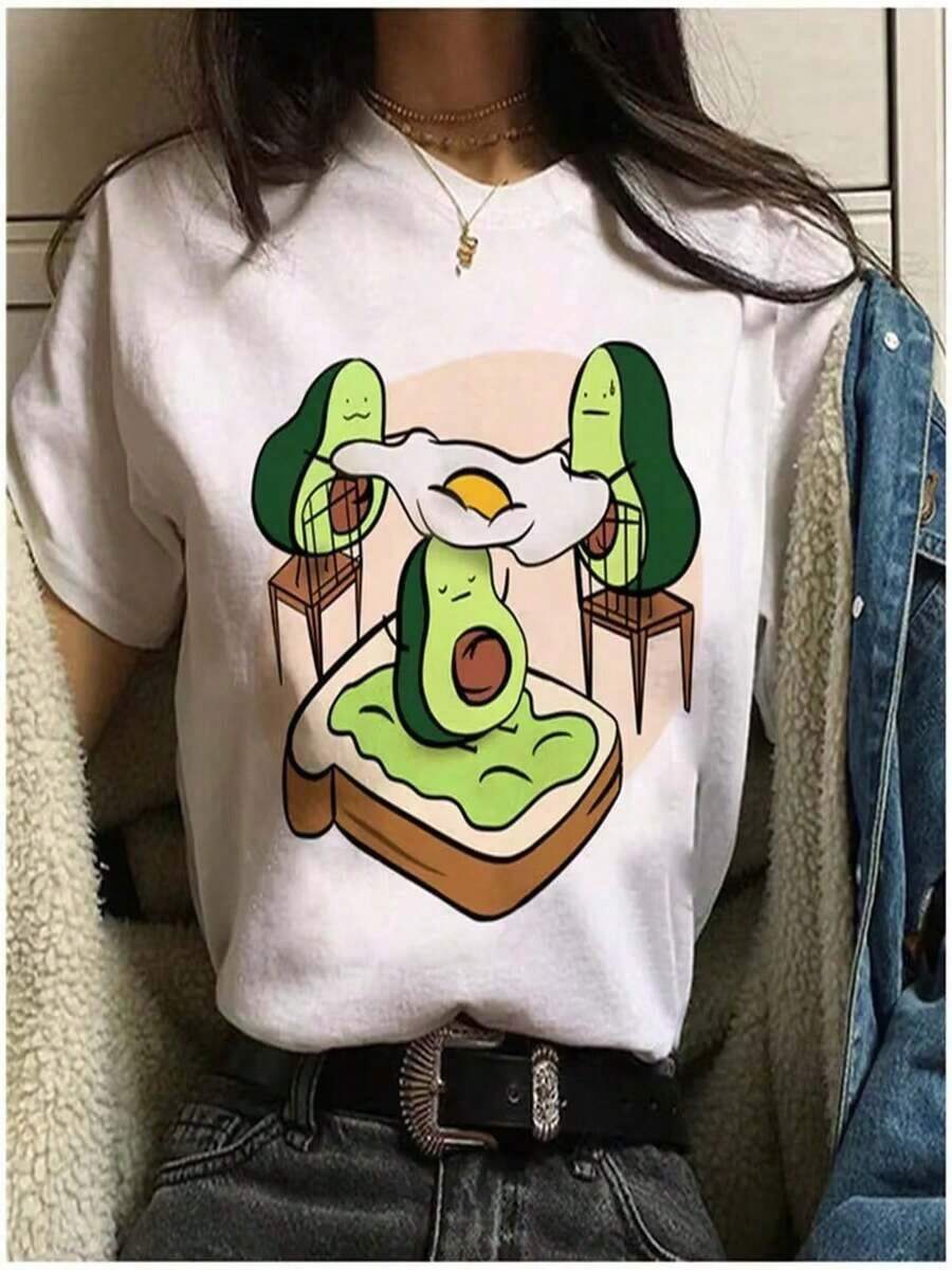 playeras de algodón mujer 1pscCamiseta vegana de aguacate para mujer Maycaur, camiseta estilo Harajuku Ulzzang con lindos dibujos animados, camiseta de manga corta con estampado retro de los 90, ropa de verano. playera de mujer,tops de mujer,boho chic,camiseta para mujer100%cotton ropa de mujer Daily home top - Blanco - Ver 1