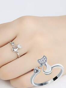 1pc Cute Cat Shaped Rhinestone Adjustable Open Ring, Minimalist Versatile, Suitable For Daily Wear, Gift For Friends - Open Ring - View 4