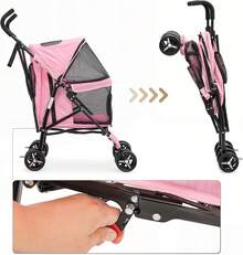 Carriola para mascotas de 4 ruedas, fácil de plegar para cachorros, con cubierta solar, almohadilla y bolsa de almacenamiento trasera, malla transpirable y visible para mascotas - Rosado - Ver 6