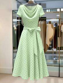 Vestido corto de manga corta de estilo minimalista y romántico para uso diario y casual, con cuello con volantes, lazo en la cintura y estampado de lunares al estilo francés, para primavera/verano - Verde - Ver 12