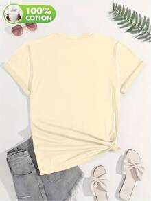 Women's Modern, Casual T-Shirt, Perfect For Parties And Lounging At Home. 100% Cotton, Relaxed Fit. Women's T-Shirt With A Heart And Letter Print Inspired By The Y2K Design. A Spring/Summer Essential, Versatile, And Fashionable For Work. Crew Neck, Short, Relaxed Sleeves, 100% Cotton, 9486100% Cotton - 杏色 - 查看 3