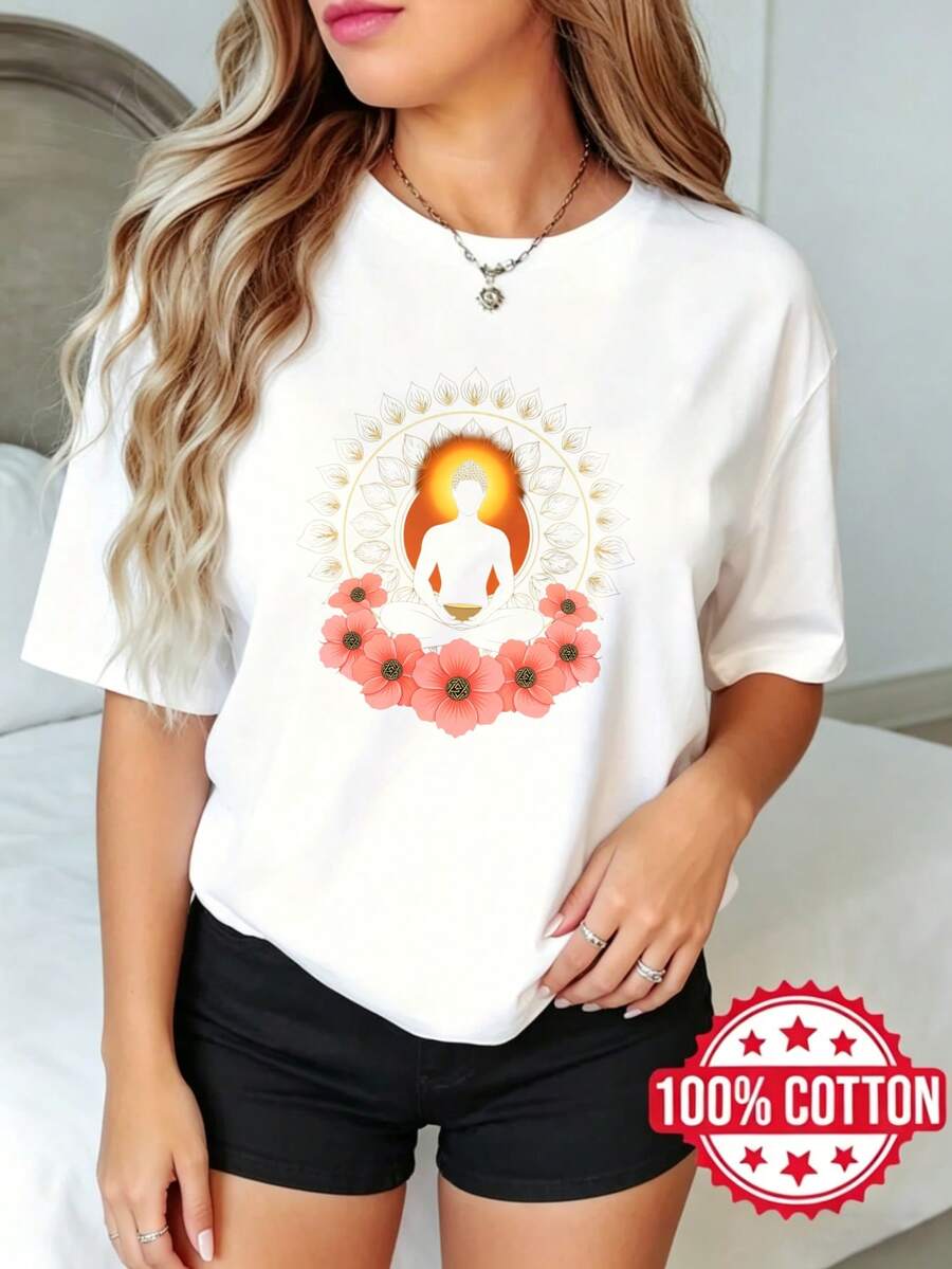 Camiseta de manga corta con cuello redondo y estampado para dama, verano casual Figura de Meditación con Flores ol S-3XL 100% aodón material