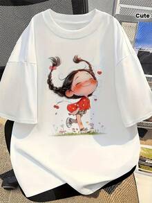 Playera gráfica casual juvenil para mujer, camiseta blanca de corte holgado con cuello redondo y estampado gráfico de dibujos animados y corazones, tr - Blanco - Ver 7