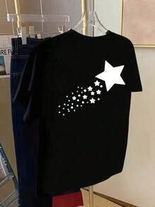 Camiseta de manga corta con diseño frontal y trasero - Estampado de moda de meteoritos y estrellas - Camiseta estampada de primavera y verano para mujer, una pieza elegante, camiseta unisex con estampado de hip hop urbano. - Negro - Ver 2