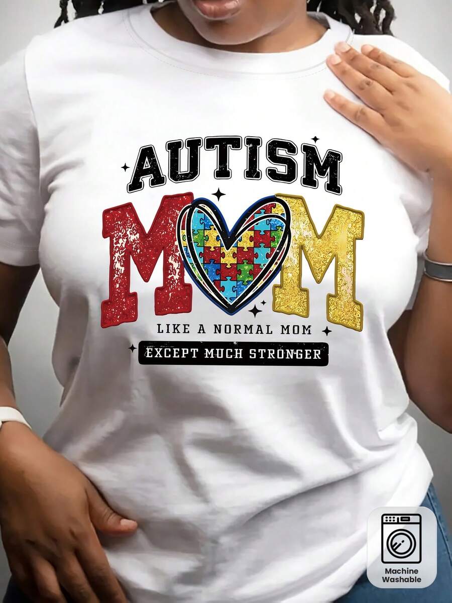 Camiseta de Mujer para Mamá de Autismo - Concienciación sobre el Autismo, Cuello Redondo, Manga Corta, Estampado con Letras, Semi-Transparente - Ropa Casual (Lavable a Máquina)
