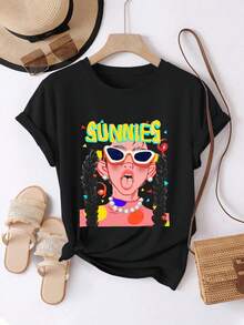 Women's T-Shirt, Comfortable And Casual, Short Sleeve And Round Neck, With A Design Of A Cartoon Girl Wearing Sunglasses And Sticking Out Her Tongue, Fun And Brightly Colored, Regular Length, Suitable For All Seasons, Everyday Fashion, Ideal For Women's Spring And Summer Clothing. - 黑色 - 查看 6