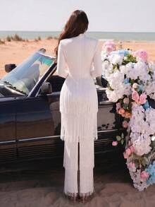 New Arrival European And American Fashion Square Neck Diamond Flower Design Layered Tassel Fitted Party Dress For Women - White - View 6