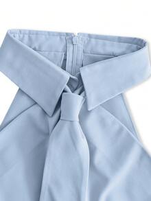 Atasan Wanita Kasual Elegan Serbaguna Warna Polos dengan Kerah, Ikat Pinggang, dan Bahu Terbuka, Tanpa Lengan, Musim Semi/Panas - Baby Blue - View 9