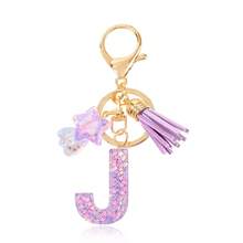 1 Pc Cute Purple Glitter Letter Keychain, Initial Resin Keyring With Tassel & Star Charm, Fashion Aesthetic Purse & Car Key Accessory - Purple - View 14