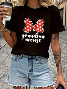 Camiseta deportiva de manga corta con cuello redondo y estampado de la abuela ratona, cómoda y transpirable, blusa casual versátil para mujer. - Blanco - Ver 9
