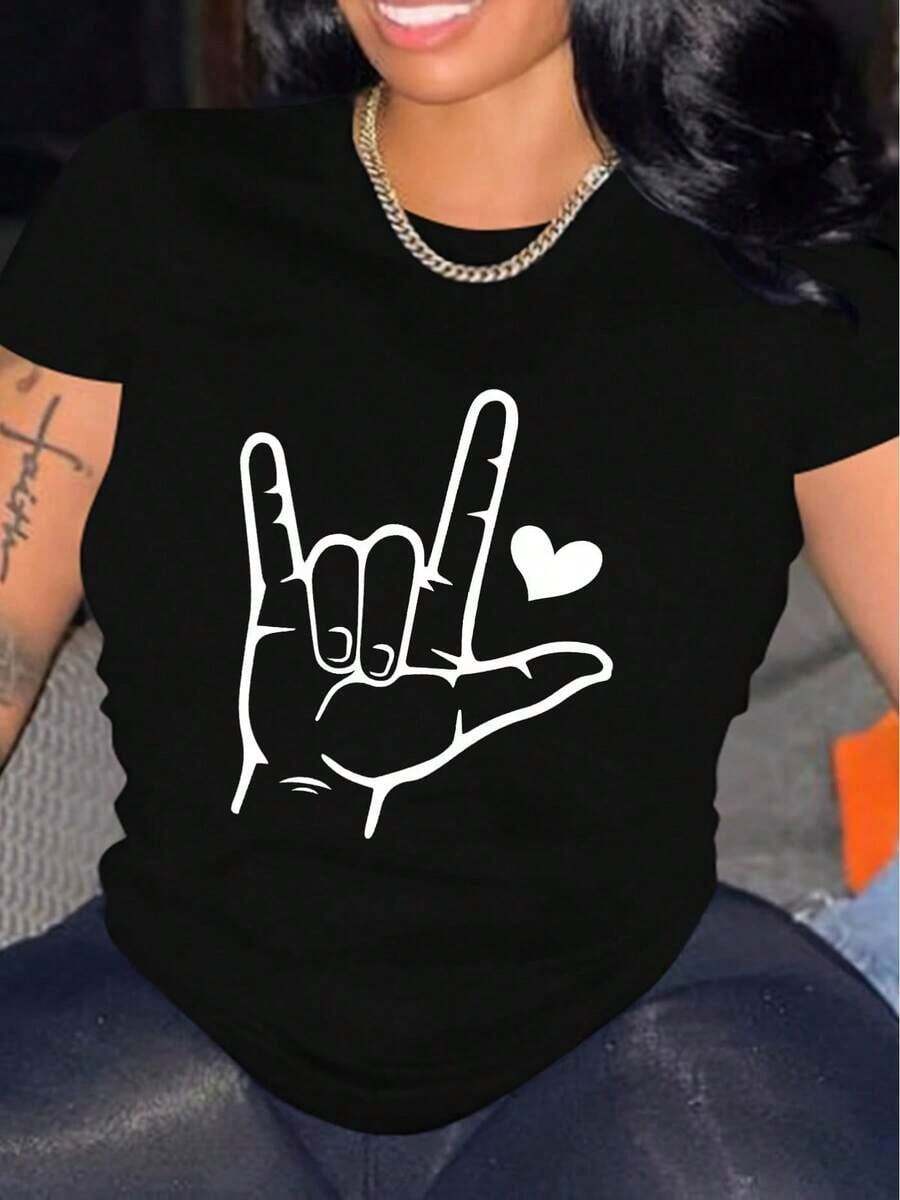 1 pieza, 100% algodón, camiseta de mujer para el Día de San Valentín, moda de verano, con estampado de corazón y la frase "Te amo", camiseta de manga corta para mujer WTQ7602, camiseta de algodón transpirable, combina con todo, 100% algodón. - Negro - Ver 1
