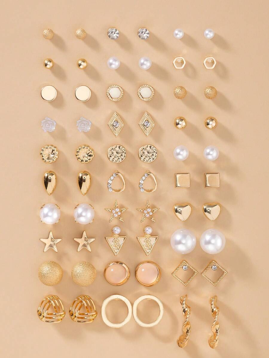 30对精美小耳钉套装,款式多样,包括星星、花朵、仿珍珠、水钻、爱心、方形等,风格休闲优雅。 - 金黃色 - 查看 1