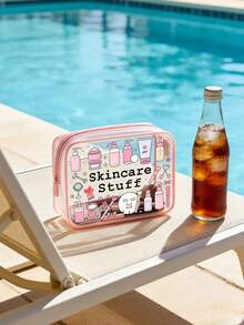 "Skincare Stuff" 字母印花 PVC 洗漱包，PVC 旅行收納袋附拉鍊開關，化妝包，便攜式化妝箱，適合母親、老師、朋友、護士，化妝袋，學校假期開學必備旅行用品 - 彩色 - 查看 6