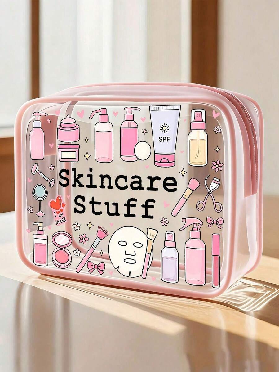 "Skincare Stuff" 字母印花 PVC 洗漱包,PVC 旅行收納袋附拉鍊開關,化妝包,便攜式化妝箱,適合母親、老師、朋友、護士,化妝袋,學校假期開學必備旅行用品 - 彩色 - 查看 1