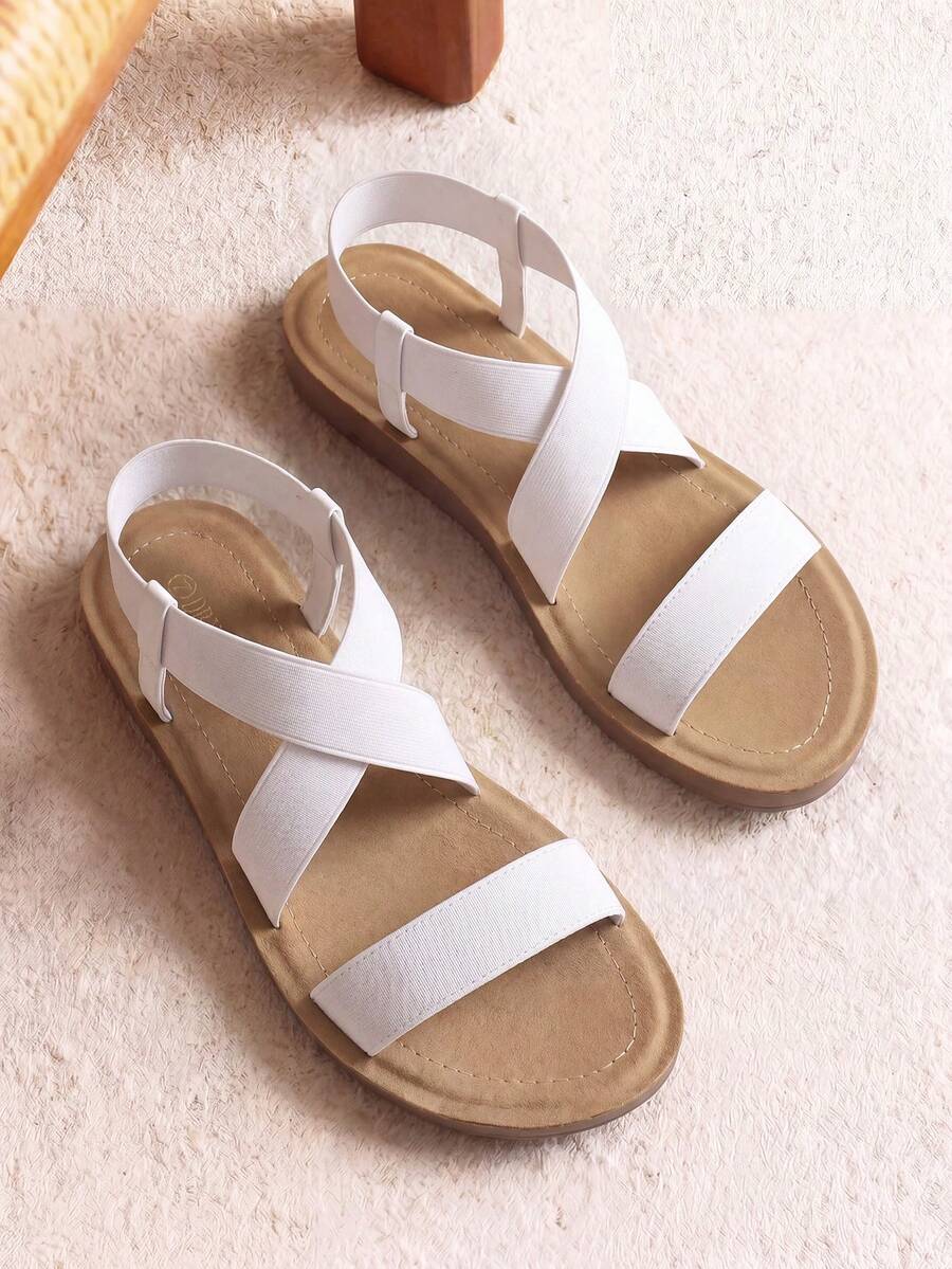 Women's Blush Flat Sandals For Women, Open Toe Elastic Cross Ankle Strap Fashion Summer Flat Sandals - 白色 - 查看 1