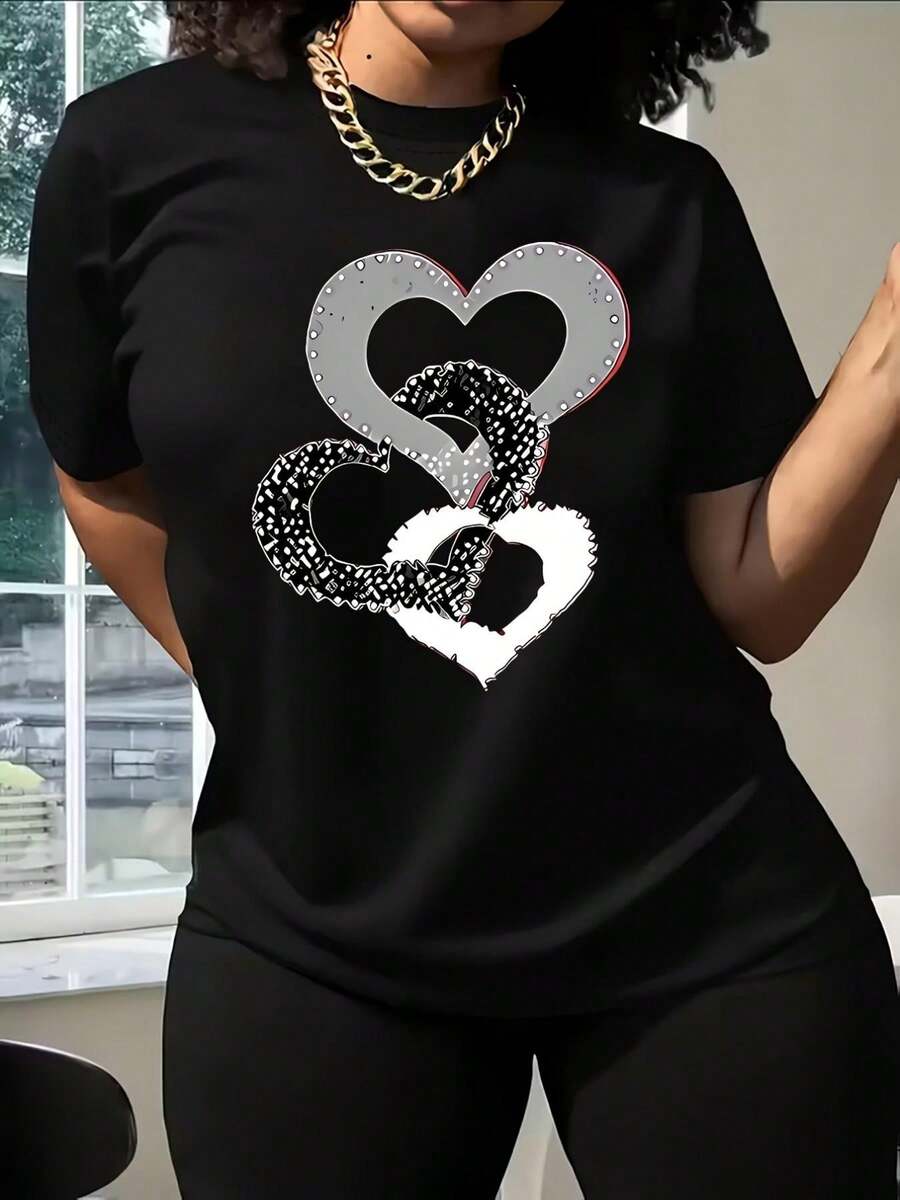 Women's Pure Cotton T-Shirt, Plus Size, Loose Fit, Modern And Casual Style With "Intertwined Hearts With Chain" Print, Suitable For All Seasons, Comfortable And Soft Fabric, Ideal Gift For Girlfriends And Friends, Perfect T-Shirt For Daily Wear And Outdoor Activities. Tops For Women - 黑色 - 查看 1
