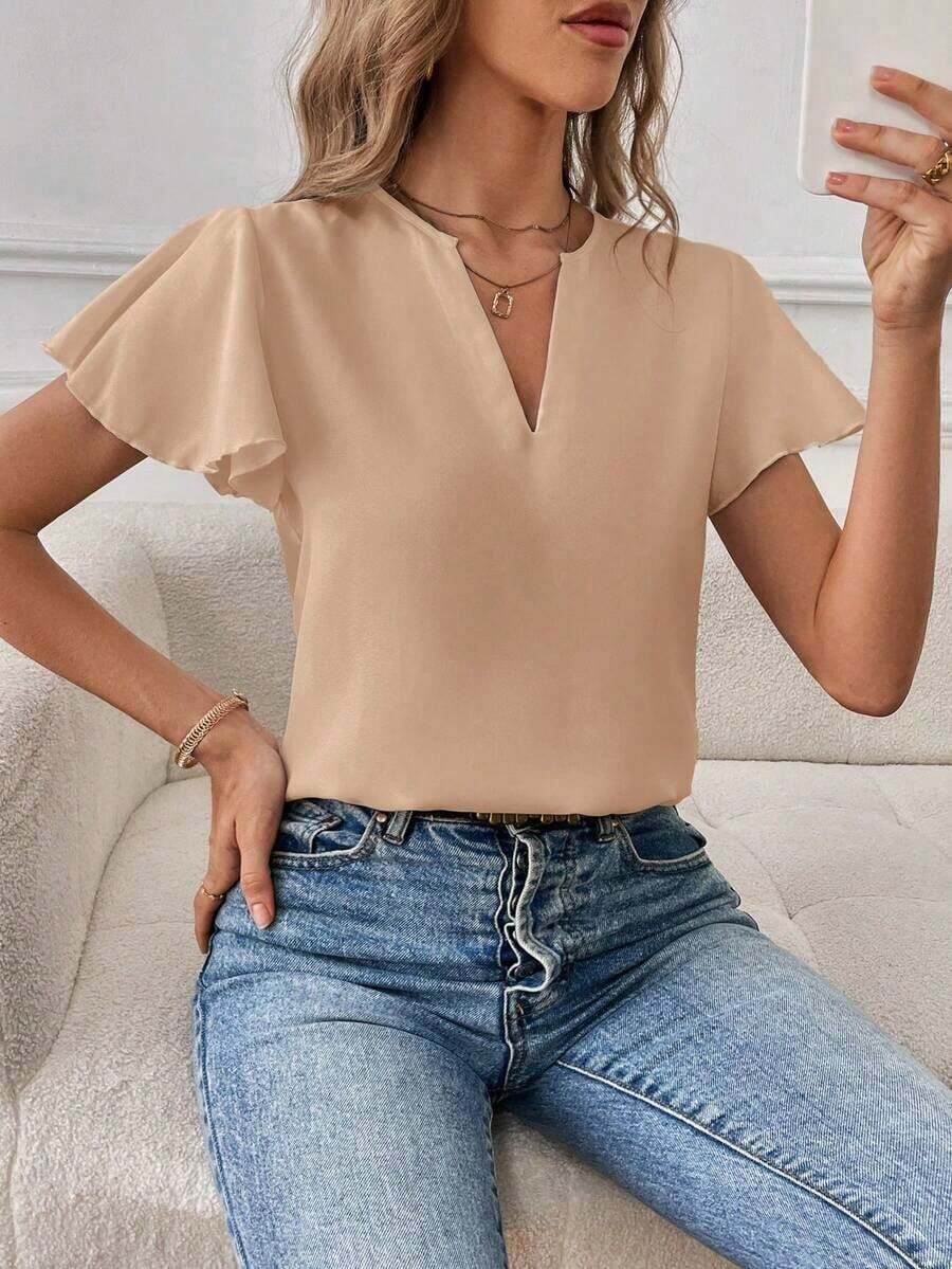 Camisa de mujer de unicolor con escote en V entallado y manga corta, informal y adecuada para el trabajo, blusas de manga corta - Caqui - Ver 1