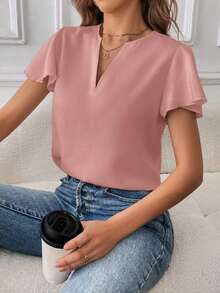 Camisa de mujer de unicolor con escote en V entallado y manga corta, informal y adecuada para el trabajo, blusas de manga corta - Rosa vieja - Ver 5