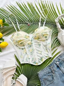 Camiseta de malla con estampado floral vintage romántico para mujer, adecuada para vacaciones, citas, té de la tarde, festivales de música, estilo bohemio - Amarillo claro - Ver 1