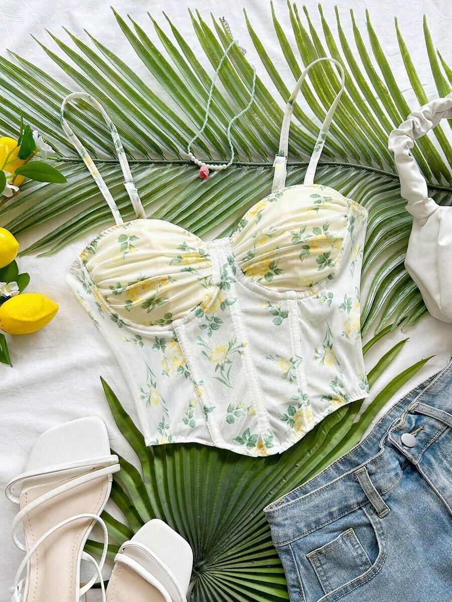 Camiseta de malla con estampado floral vintage romántico para mujer, adecuada para vacaciones, citas, té de la tarde, festivales de música, estilo bohemio - Amarillo claro - Ver 1