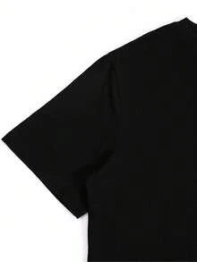 Camiseta manga corta cuello redondo 100% algodón, estampado trendy, tejido ligero y ventilado, estilo moda casual, apta para vida diaria, salidas informales y citas en primavera, verano y otoño - Negro - Ver 4