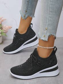 Women's New Sports Style Lace-Up Rhinestone Outdoor Wedge Thick Bottom Casual Sneakers, Breathable Comfortable Running Shoes, Outdoor Travel Shoes, Suitable For All Seasons,Indoor Chunky Heels, Casual Sports Shoes For Commuting To Work - 黑色 - 查看 4